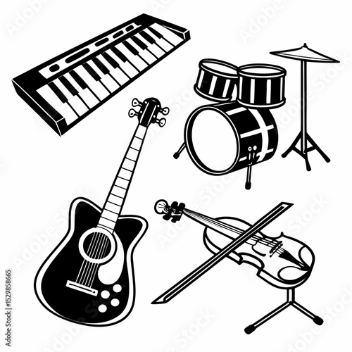 Musical instruments icons set black and white