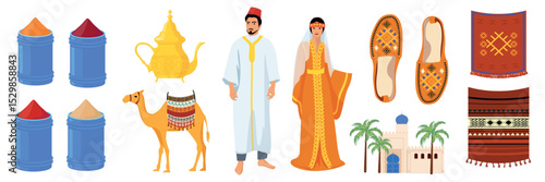 Set of symbols of Moroccan culture in cartoon style. Vector illustration: man and woman in traditional clothes, spices, camel, golden jug, carpets,shoes,mosque,palm trees isolated on white background.