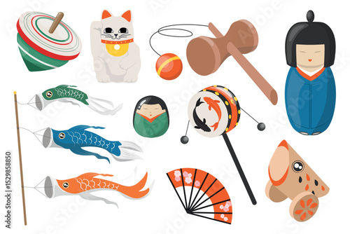Set of traditional Japanese toys in cartoon style.Vector illustration: spinning top, maneki-neko, kendama, koinobori,daruma doll,den-den-daiko,wooden toy,fan,kokeshi doll isolated on white background.