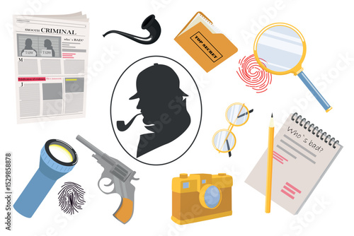 Set of detective characters in cartoon style. Vector illustration: newspaper, tube, folder, flashlight, magnifying glass, fingerprints, camera, fan, glasses, notepad, gun isolated on white background.