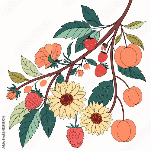 Blooming branch with raspberries peaches and flowers