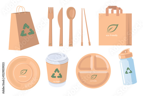 Set of biodegradable eco-friendly things in cartoon style.Vector illustration made from organic raw materials: bags, fork, knife, spoon, chopsticks for sushi, plate, coffee cup,container,water bottle.