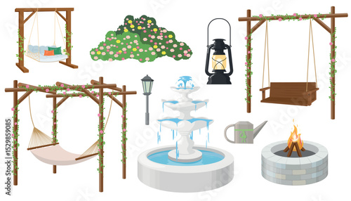 Set of various elements for recreation in cartoon style. Vector illustration: swing, flower bush, camping lamp, street lamp, hammock, fountain, watering can, stone place for a bonfire in the garden.