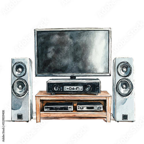 Home Theater System, watercolor painting vector, isolated on a white background.