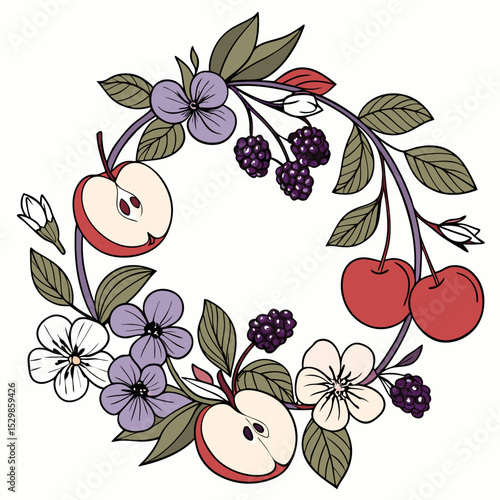 Apple cherry blackberry floral wreath design element