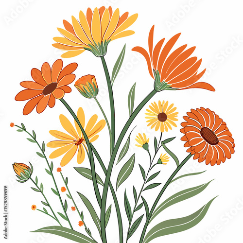 Autumnal orange yellow flower bouquet illustration