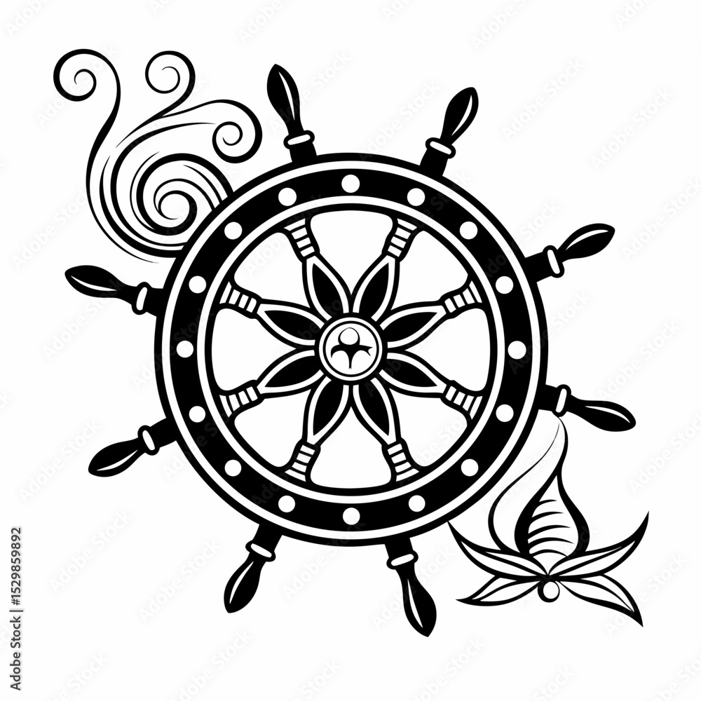 Obraz premium Nautical ship wheel with swirls and floral design