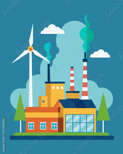 A factory powered by wind turbines reducing their carbon emissions and setting an example for other industries.. Vector illustration