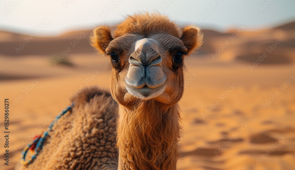 Obraz premium A charming camel smiles at the camera in a vast golden desert, embodying the serene beauty of arid landscapes and the connection between nature and resilience.