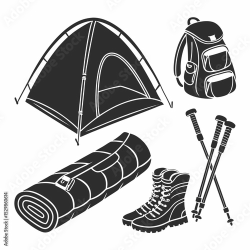 Camping gear essentials tent backpack boots sleeping bag trekking poles