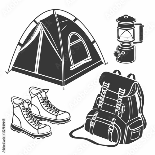 Camping gear essentials tent backpack boots lantern