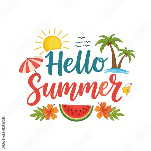 Hello Summer Tropical Design with Watermelon and Palm Trees