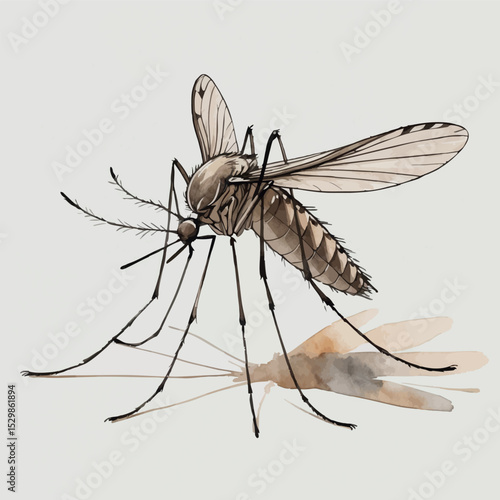Mosquito watercolor vector. Insect illustration with light body structure and soft tones.