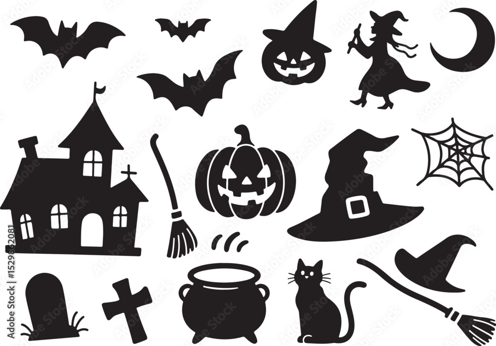 Obraz premium Collection set of halloween icons. Halloween silhouette elements vector. silhouettes of Halloween on a white background. 