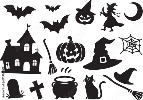 Collection set of halloween icons. Halloween silhouette elements vector. silhouettes of Halloween on a white background. 
