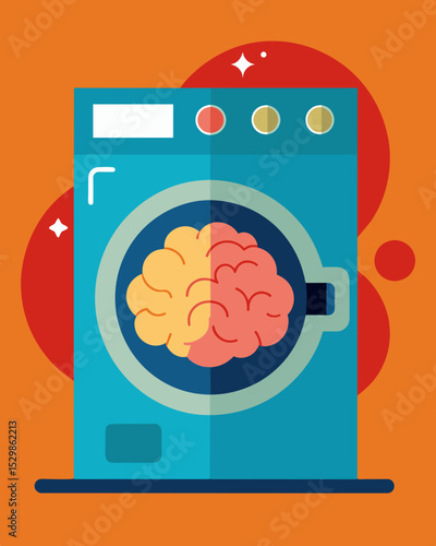 The machinery of psychological control embodied in a washing machine with a cunning brain.. Vector illustration