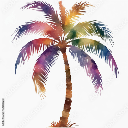 Watercolor palm tree vector. Tropical scene element with artistic texture and clean layout.