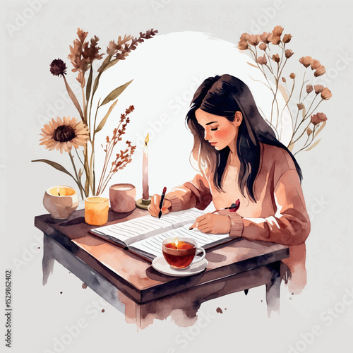 Journaling time vector. Quiet personal routine in soft style.