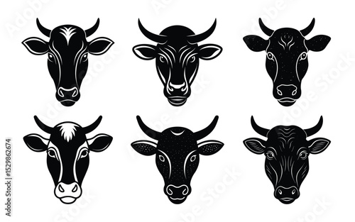 black and white cow vector set on white background
