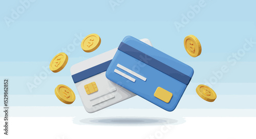 Two credit cards with floating coins on blue background vector illustration