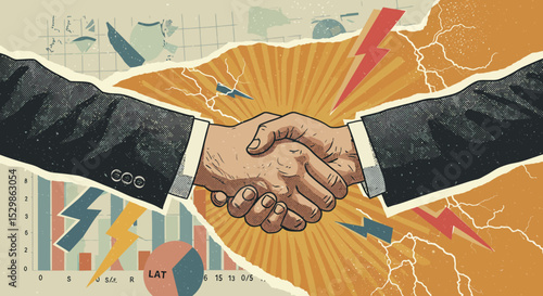 Business agreement concept with handshake and lightning illustrations vector illustration