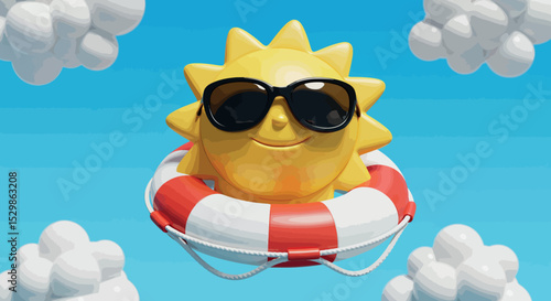 Cheerful sun with sunglasses and lifebuoy in cloudy blue sky vector illustration