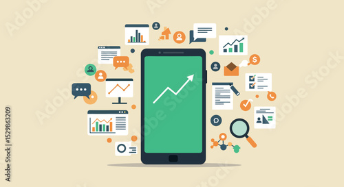 Smartphone dashboard with financial analytics icons and growth graph vector illustration