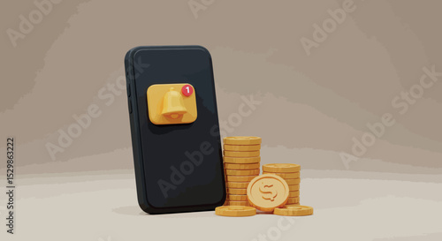 Smartphone notification with gold coins symbolizing financial alerts and investments vector illustration