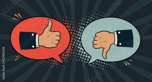 Comic style thumbs up and down in speech bubbles on striped background vector illustration