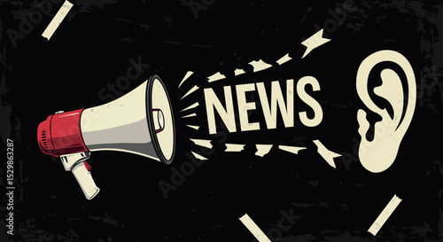 Megaphone announcing news to an ear on black background vector illustration