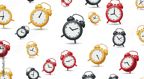 Vintage alarm clocks pattern with red, yellow, and black designs on white background vector illustration