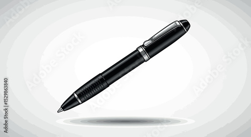 Elegant black ballpoint pen with chrome accents on white background vector illustration