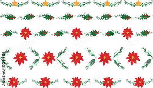 Set Christmas themed decorative border and text divider, Mistletoe Holly branches, poinsettias fir twigs stars Pattern. Vector Illustration. Winter holiday decoration and invitation card dividers