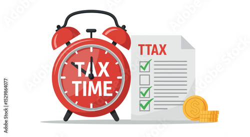 Red alarm clock and checklist depicting concept of tax time and financial deadline vector illustration