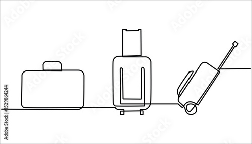 Suitcase continuous one line drawing illustration. Single line drawing, Continuous one line of suitcase with heart and lettering in linear art style.