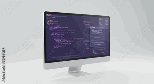Modern imac displaying detailed c++ code and comments on screen vector illustration