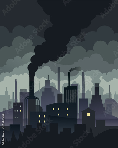 A dark layer of toxic fog hovering above the city due to the rampant factory emissions creating an ominous atmosphere.. Vector illustration