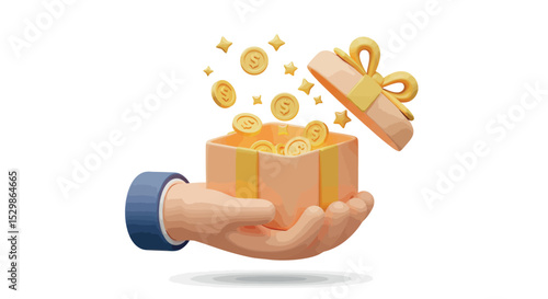 Hand holding gift box with coins and sparkles emerging vector illustration