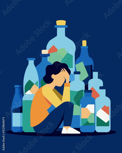 An image of a person staring at a pile of empty glass bottles symbolizing the devaluation of their addiction.. Vector illustration