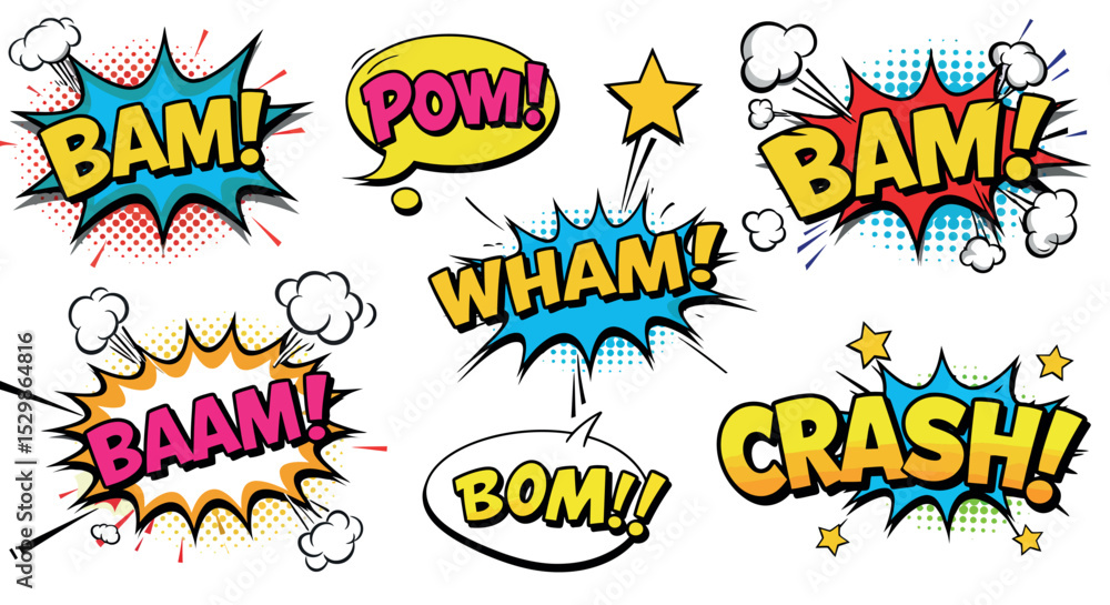 Fototapeta premium Colorful comic book sound effects: bam, pow, crash in pop art style vector illustration