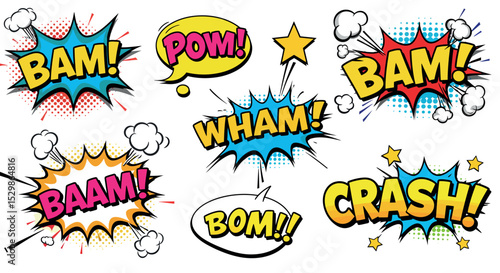 Colorful comic book sound effects: bam, pow, crash in pop art style vector illustration