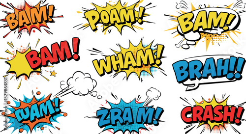 Colorful comic book sound effects in bright speech bubbles vector illustration