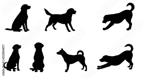 Silhouettes of various dog breeds in different poses and activities vector illustration