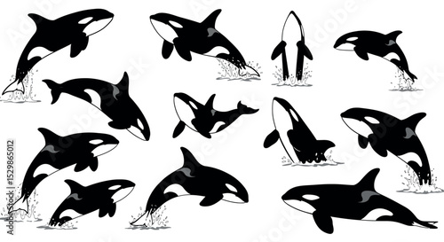 Orca whale silhouettes in dynamic jumping and swimming poses on white background vector illustration