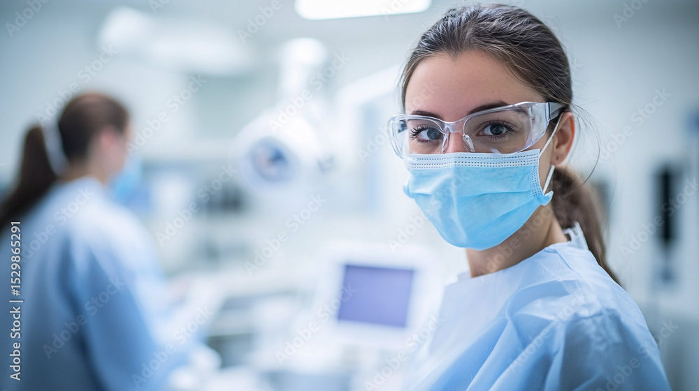 Close-up of a healthcare professional in protective eyewear and mask, in a sterile, clinical environment, focused and ready to assist. Close-up of a healthcare professional in protective eyewear and mask, in a sterile, clinical environment, focused and ready to assist.