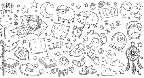 Cute child sleeping with doodles of sheep, stars, dreamcatchers, moon, and alarm clocks vector illustration