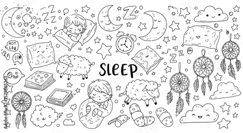 Hand-drawn sleep-themed doodles with sheep, dream catchers, and sleeping child vector illustration