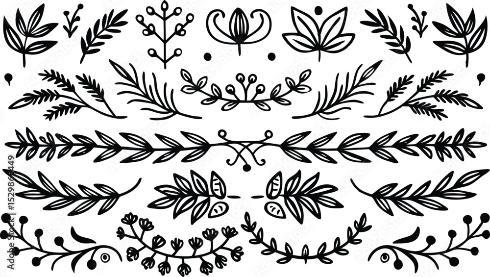 Fototapeta premium Black and white hand drawn floral elements set featuring leaves sprigs and botanical ornaments vector illustration.