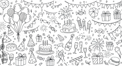 Festive celebration doodle with cakes, balloons, and fireworks vector illustration