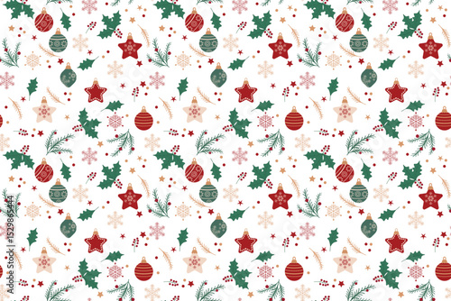 Seamless vector pattern Holly branches, poinsettias fir twigs stars Flat retro style Christmas ornaments Paper-cut look Festive wrapping paper, fabric Holiday decoration Transparent background
